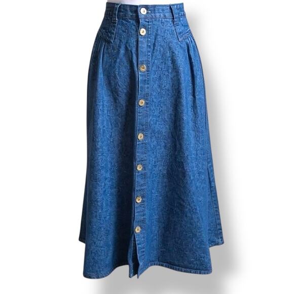 Vintage 80s Cherokee Denim Button Front Midi Skirt Cotton Prairie Western Jean - Picture 1 of 13